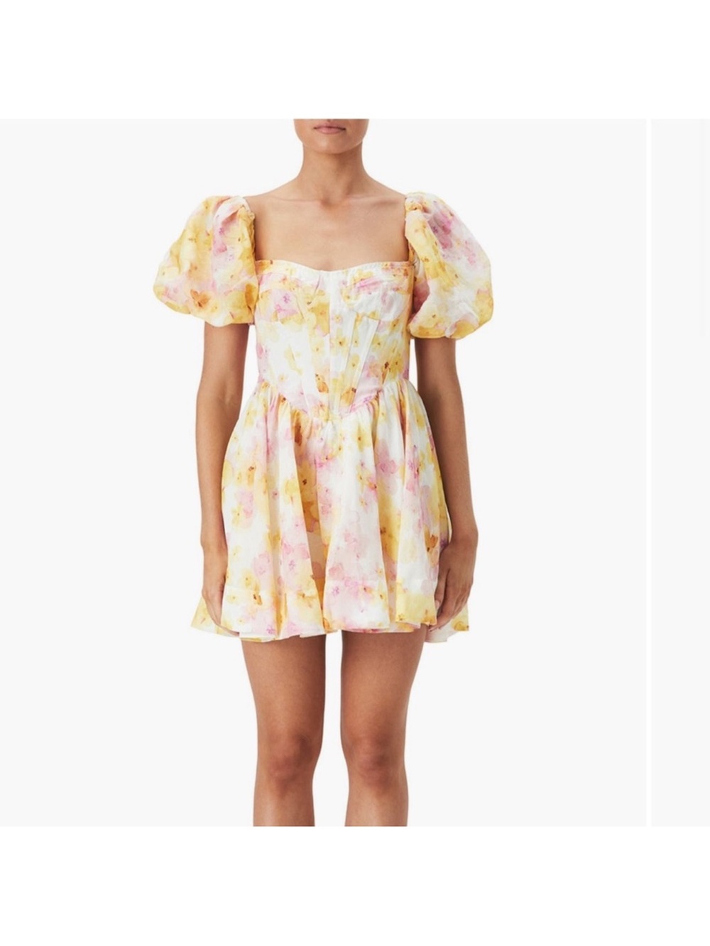 Floral Puff-Sleeve Mini Dress in Yellow and Pink